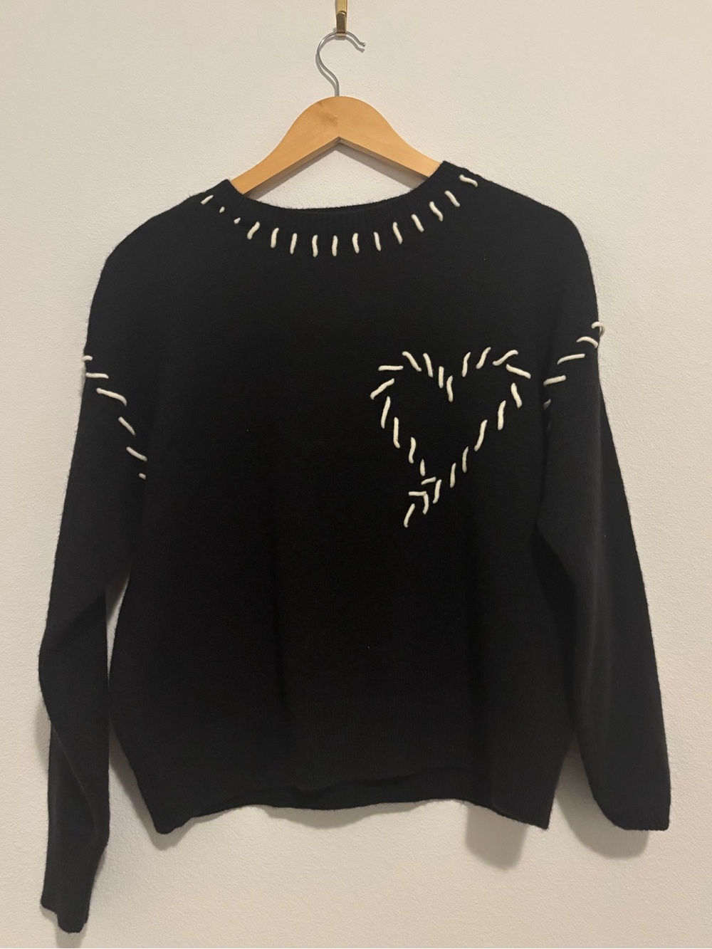 Nanette Lepore Black Crewneck Sweater with White Heart Stitch